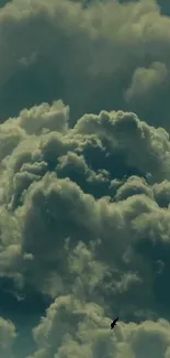 Moody sky with towering azure clouds and a bird in flight.