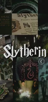 Dark Slytherin collage with green hues, featuring Hogwarts-themed imagery.