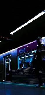 Moody subway station scene with blue lighting and a train.