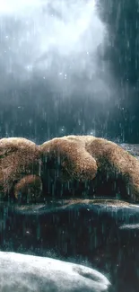 A teddy bear on wet rocks under rain in a dramatic, moody scene.