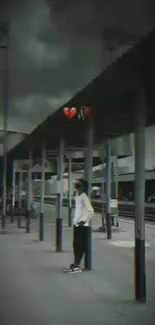 Moody train station scene with gray tones and red heart balloons.