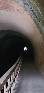 Moody brown brick tunnel with dim lighting and a distant light at the end.