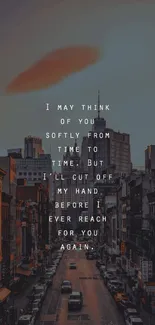 Moody cityscape wallpaper with a sunset sky and reflective quote.