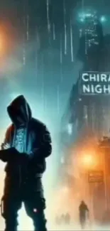 Hooded figure in cyberpunk cityscape at night.