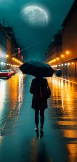 Moody urban street at night with glowing lights and a silhouetted figure under an umbrella.