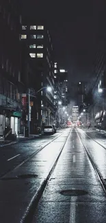 City street at night with glowing streetlights and moody ambiance.