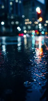 Moody urban night scene with city lights reflection in wet street.