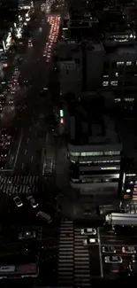 Aerial view of a city nightscape with illuminated streets.