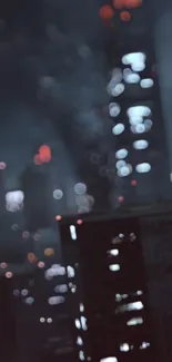 Moody city skyline with illuminated skyscrapers against a dark night sky.