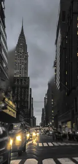 Moody urban skyline with skyscrapers and cars at night.