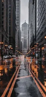 Street view with wet pavement and glowing city lights during dusk.
