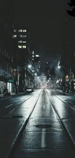 Moody city street at night with glowing lights and wet pavement.