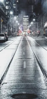 Moody urban street at night with city lights and wet pavement.