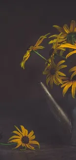 Moody yellow daisy arrangement in a vintage watering can on a dark background.