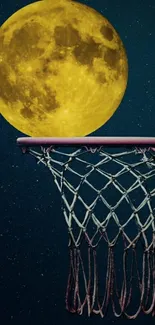 Surreal mobile wallpaper featuring a full moon above a basketball hoop.