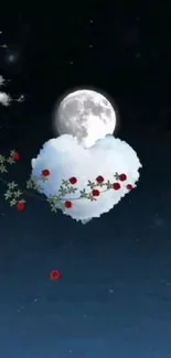 Heart-shaped cloud with moon and roses in night sky wallpaper.