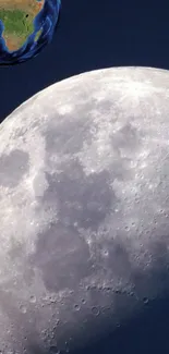 Mobile wallpaper showing the moon with Earth in the corner against a dark sky.