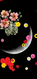 A crescent moon with colorful flowers on black background.