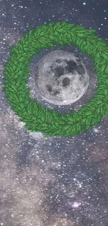 Mobile wallpaper with moon, galaxy, and green wreath design.