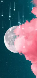 Moon with pink clouds in a dark teal sky wallpaper.