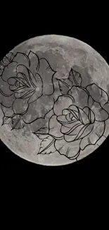 Grayscale moon with floral line art on a dark background.