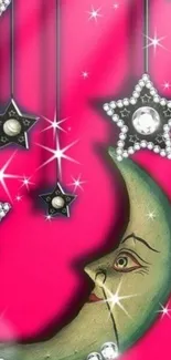 Whimsical crescent moon with sparkling stars on a vibrant pink background.