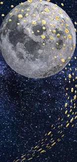 Moon and golden stars on a dark galaxy backdrop.