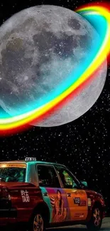 Neon moon with colorful rings above city taxi under a starry night sky.