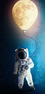 Astronaut holding moon balloon under a starry sky.