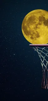 Basketball hoop with moon as ball against a starry night sky.