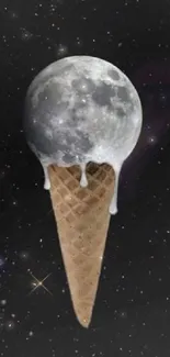 Moon ice cream cone with starry backdrop.