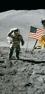 Astronaut on the moon with lunar module and American flag.