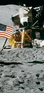 Iconic Moon landing with lunar module and flag.