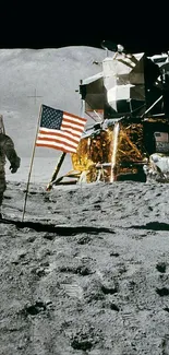 Apollo astronaut on the moon with flag.