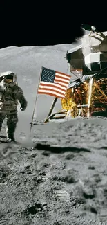 Astronaut on the moon with lunar module and flag.