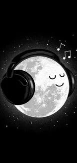 Whimsical moon with headphones in starry night wallpaper.