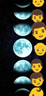 Moon phases with emoji faces wallpaper in dark blue theme.