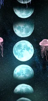 Artistic wallpaper of moon phases and jellyfish on a dark cosmic background.