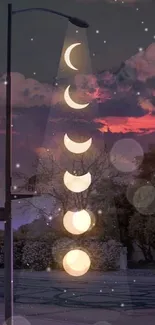 Artwork of moon phases with streetlight against a vibrant sky.