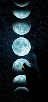 Moon phases with two wolves howling in a starry night sky.