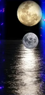 Moon reflecting on water at night with colorful abstract lights.