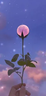 Rose silhouette holding a moon against a purple twilight sky.