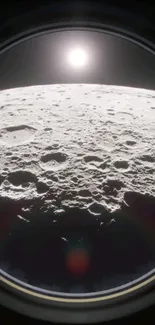 Moon surface with sun shining above, highlighting craters.