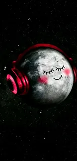 Cute moon wearing red headphones in a starry night sky wallpaper.