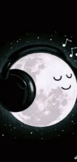 Cartoon moon wearing headphones, floating in space.