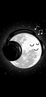 Moon with headphones and music notes on a black background mobile wallpaper.