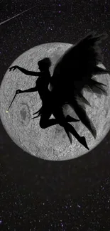 Silhouette of a fairy dancing in front of a full moon with a starry background.