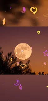 Enchanting mobile wallpaper with moon, stars, and colorful shapes at night.