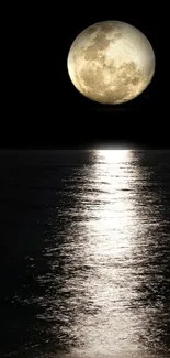 Full moon reflecting on dark water at night, creating a serene and tranquil scene.