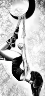 Black and white acrobat under crescent moon wallpaper.